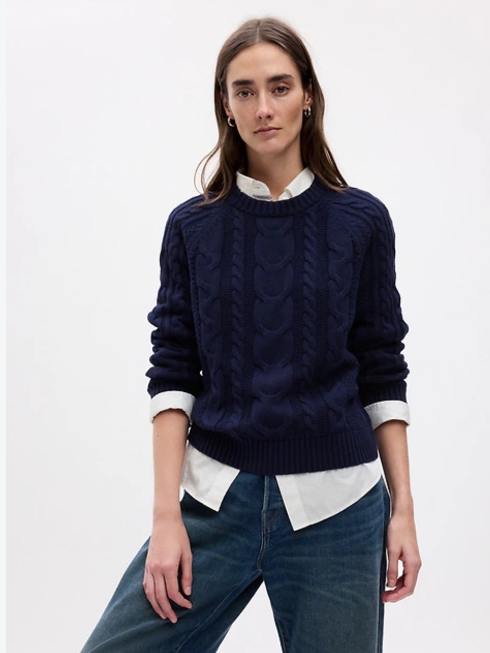 GAP 100% Cotton Cable Knit Sweater Navy Medium Fisherman Fall Academic Classic